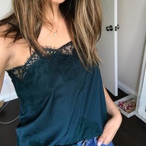 Lace trim satin cami tank top dark green black